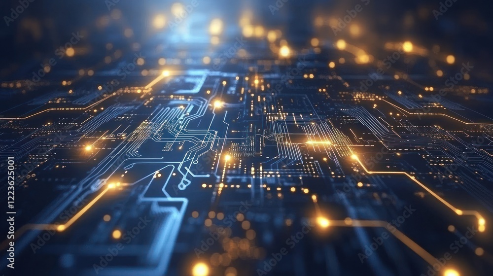 Poster illuminated circuit board design featuring glowing lights and patterns resembling a digital landscap