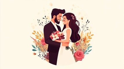 Cheerful Wedding Couple Flat Vector Illustration for Creative Projects