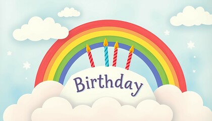 Whimsical birthday illustration with clouds and rainbow colors