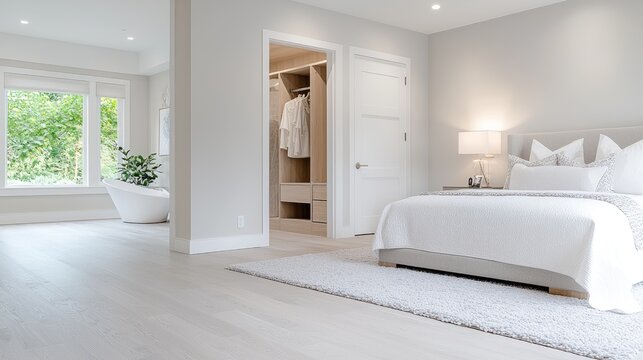 Luxurious bedroom suite with ensuite bath and walk-in closet, showcasing modern interior design