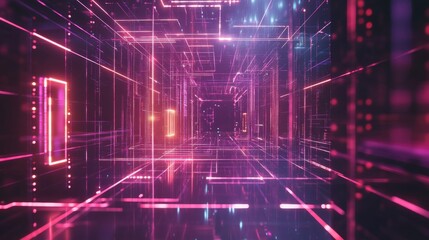 A high-tech abstract scene featuring floating digital grids and neon circuitry, creating a sense of advanced electronic systems, Digital style