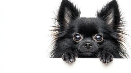 A black Chihuahua puppy looks over a white surface with curiosity, displaying an adorable expression