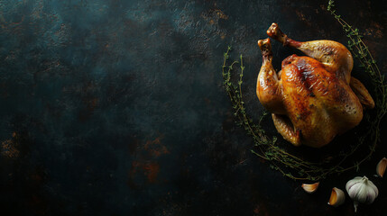 A whole roasted chicken resting on the far left of a dark textured background, accompanied by thyme and garlic cloves, with the rest of the space on the right left blank for text, copy space