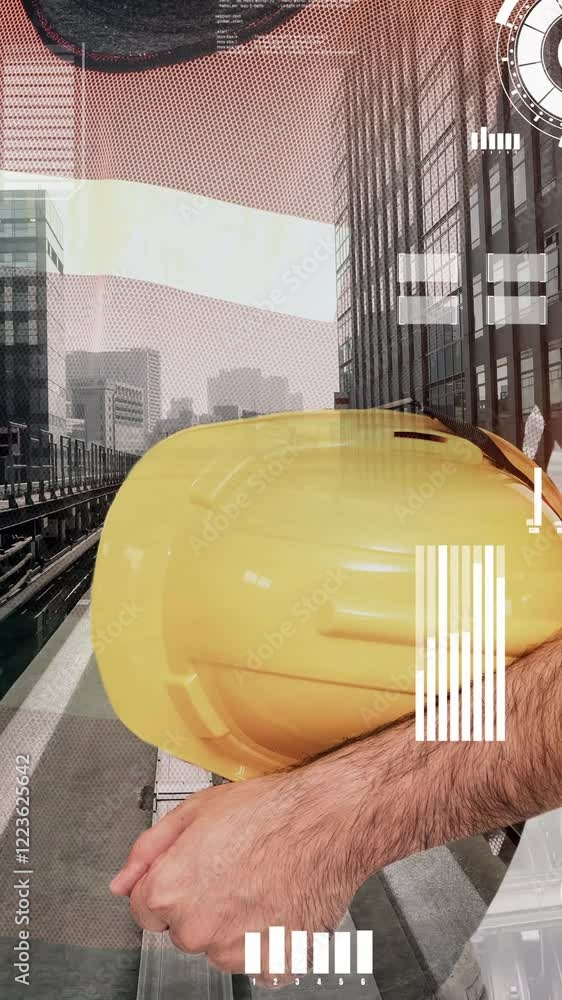 Poster future building construction and inventive engineering project concept with hud hologram graphic des