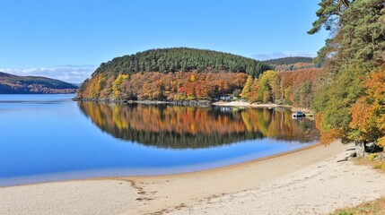 Fototapeta premium Beautiful autumn landscape reflected in calm lake with sandy beach and forested hills