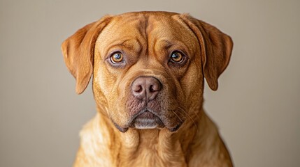 Obraz premium A dog with a golden brown coat and charming gaze stands against a light backdrop, exuding warmth
