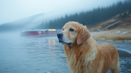 Obraz premium A golden retriever stands by the water, gazing at the misty mountains on a chilly day