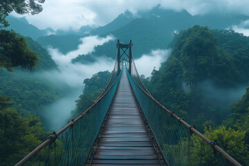 Fototapeta premium Suspended bridge crossing over lush forest with misty mountains in the background at dawn