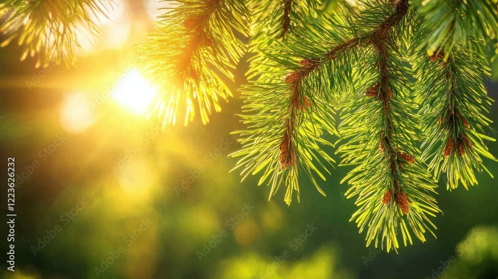 Poster sunlight filtering through evergreen pine needles in serene forest setting