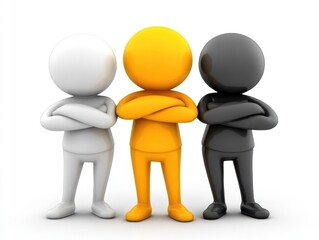Three cartoon figures in different colors stand with arms crossed, displaying uniqueness and diversity