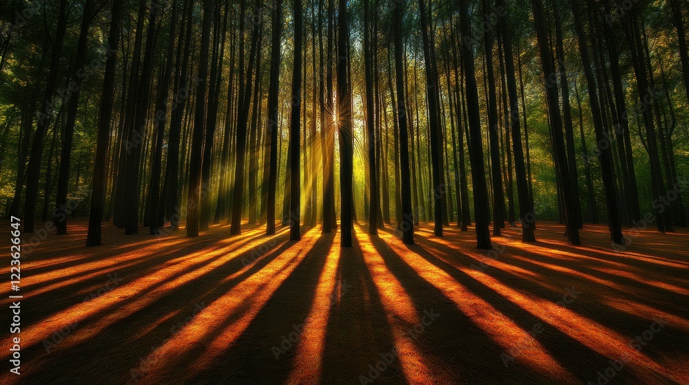Poster sunlight filtering through dense forest with tall trees and long shadows at sunset