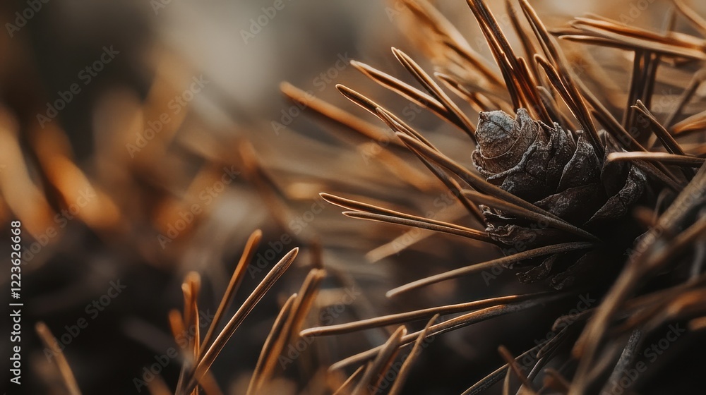 Poster close-up of pine cone with sharp brown needles in natural setting