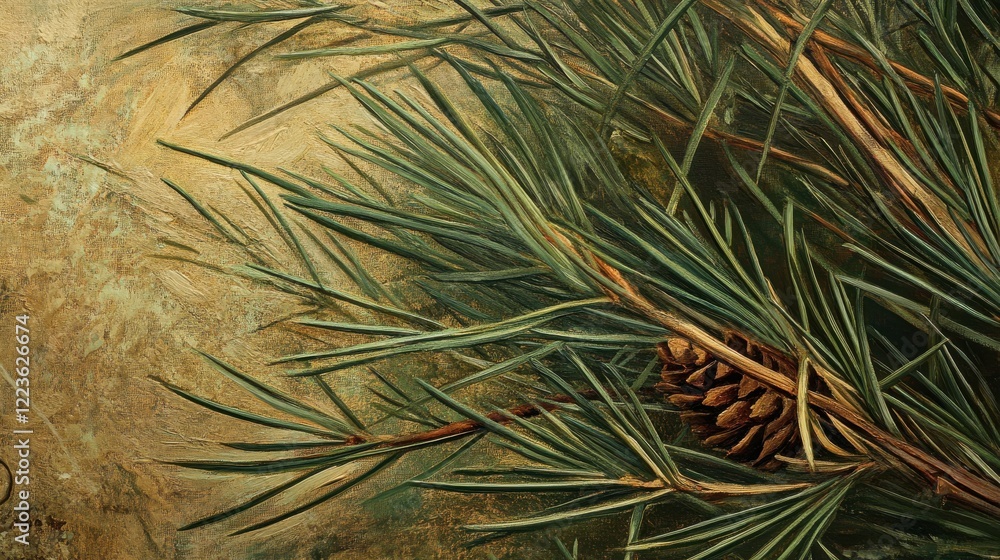 Poster close-up of pine needles and pinecone on rustic background