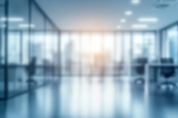 Blurred Background Of A Modern Office Interior With Glass Walls And Tables For Meetings Or Presentations Sunlight Streaming Through Windows White Color Theme With Ample Copy Space Generative Ai