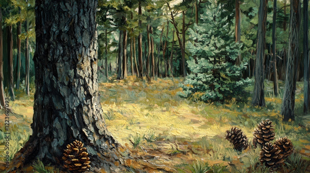 Poster sunlit pine forest with pinecones and textured tree trunk