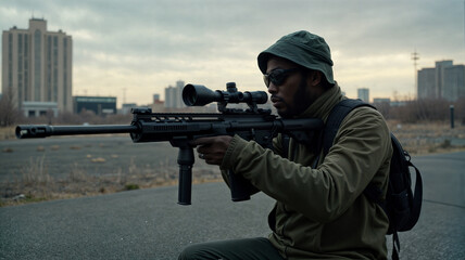 Fototapeta premium Person aiming a rifle outdoors with a city backdrop. A serious moment of focus.
