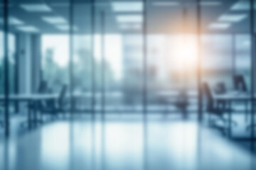 Blurred Background Of A Modern Office Interior With Glass Walls And Tables For Meetings Or Presentations Sunlight Streaming Through Windows White Color Theme With Ample Copy Space Generative Ai