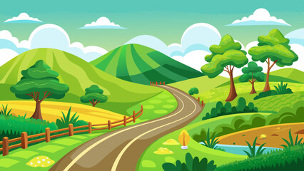 Obraz premium landscape with road green hill and green grass on white background, banner