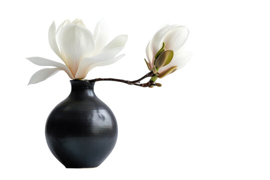 Elegant white magnolia blossoms in a minimalist black vase on a soft gray background, showcasing artistic simplicity and natural beauty isolated on transparent background