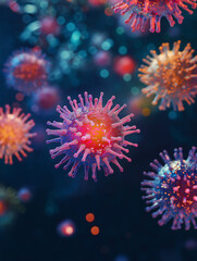 Microscopic view of spherical viruses with spiky surfaces, rendered in vibrant colors and high detail against a dark, blurred background. Vertical image ai generated