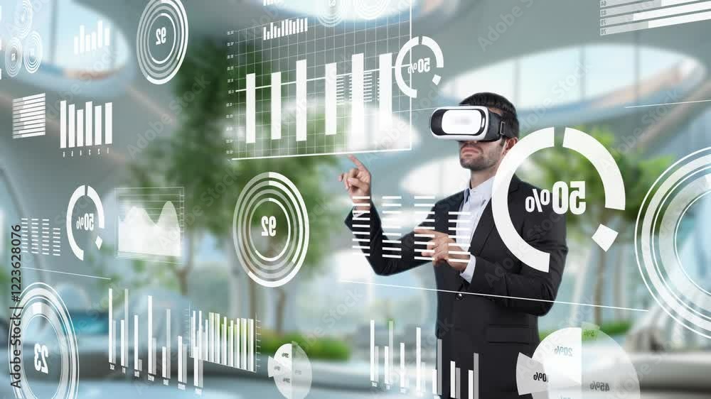 Aufkleber businessman pointing at financial data hologram and standing at futuristic city with blurring backgr