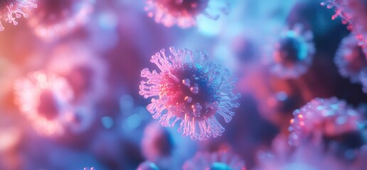 Close-up view of vibrant, colorful microorganisms in a surreal environment with glowing details