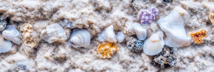 Fototapeta premium Assorted sea shells and coral pieces on sandy beach surface with ocean texture