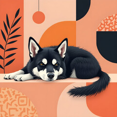 Siberian dog resting, colorful pop art background