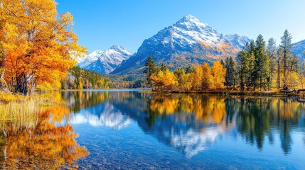 Obraz premium Autumnal lake reflecting snow-capped mountains; tranquil scene, ideal for travel brochures