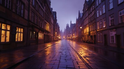Fototapeta premium A Misty European City Street at Twilight