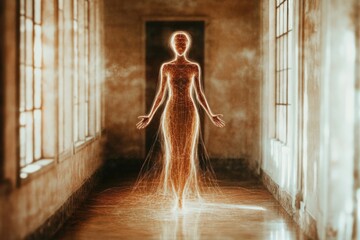 Glowing silhouette in abandoned corridor emitting fiery energy aura