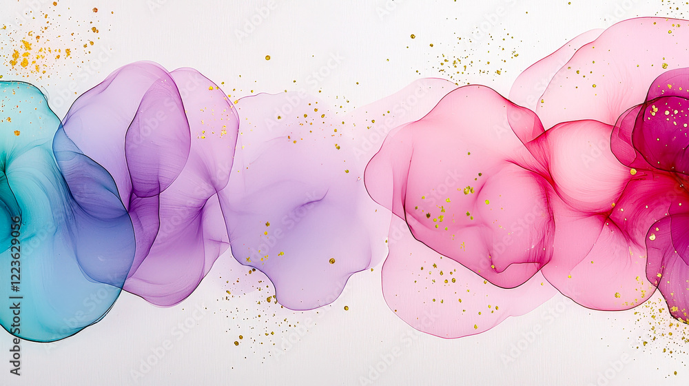 Poster Colorful abstract swirls blending in harmonious patterns showcasing fluid artistry with soft hues and golden accents