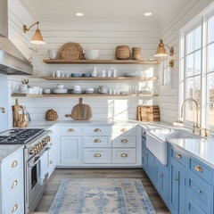 A coastal kitchen with white shiplap walls, open shelves, and ocean blue accents.