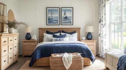 Obraz premium A coastal bedroom with navy blue bedding, nautical prints, and light wood furniture.