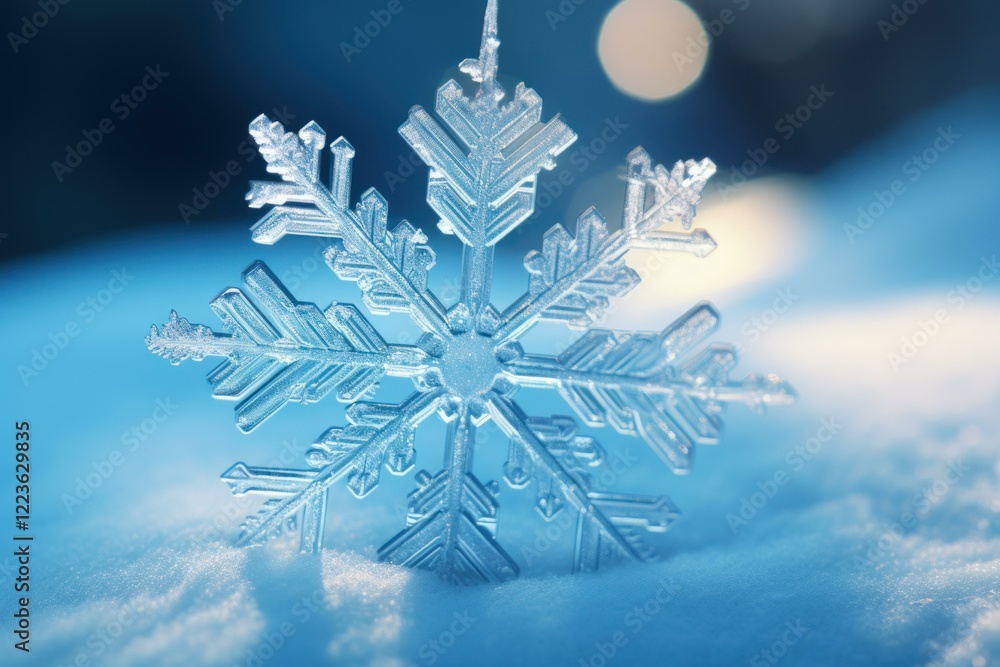 Poster beautiful snowflake standing on snow with a blue bokeh background, creating a magical winter scene