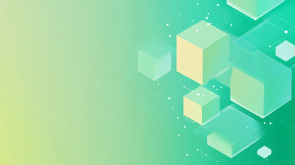 an abstract cubic composition with glowing cubes arranged in a mint green gradient space with soft light effects
