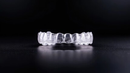 Clear teeth aligner on black background; dental care