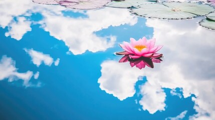 Serene pink lotus floating on reflective blue pond with calm clouds overhead
