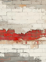 Texture of weathered brick walls, with layers of crumbling plaster and varied tones of red, white, and gray