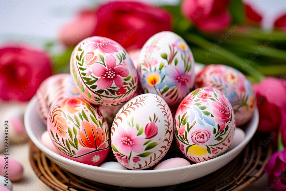 Poster beautifully decorated easter eggs with floral patterns arranged in a bowl surrounded by fresh flower