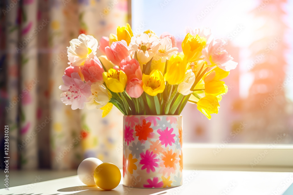 Poster Bright spring flowers in a colorful vase on a sunny windowsill with soft light illuminating the scene