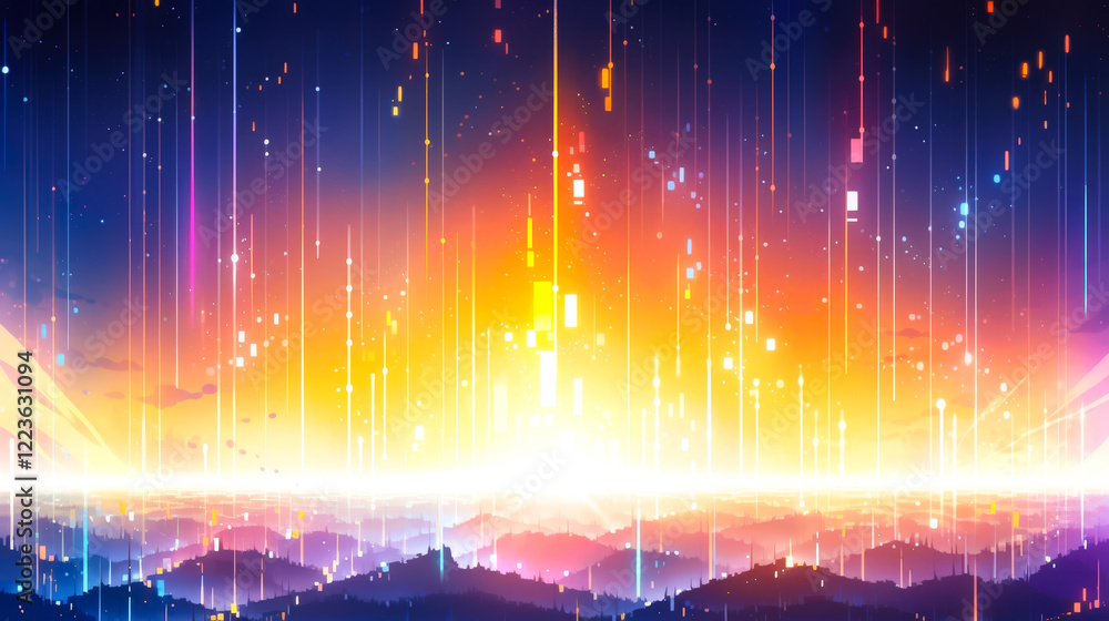 Aufkleber digital art of a vibrant sunset over distant mountains with colorful rays and pixelated details insp