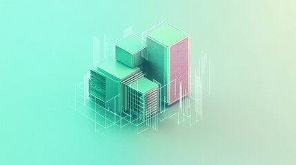 Fototapeta premium an abstract geometric cityscape with pastel green and pink tones and translucent structures on a gradient background 