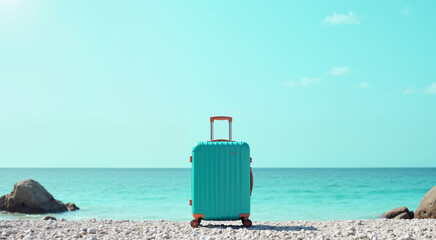 Turquoise Suitcase on a Tropical Beach. Embark on a Relaxing Getaway.