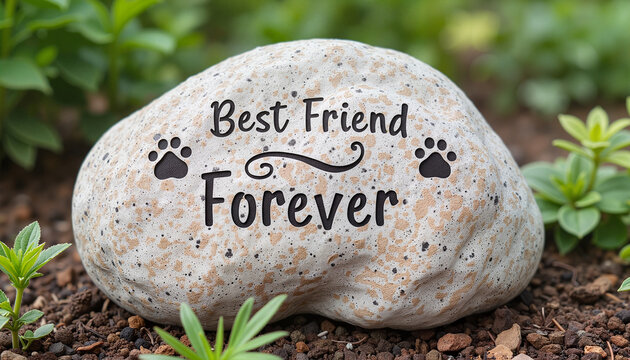 Engraved rock with "Best Friend Forever" surrounded by greenery