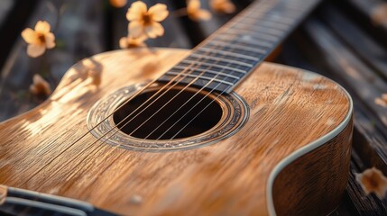 Fototapeta premium Acoustic guitar resting on wooden planks during International Guitar Month