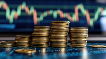 Coin stacks rising against stock market graph; financial growth concept; use for investment articles