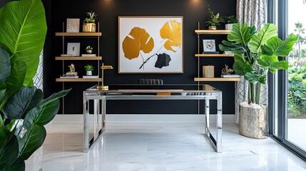 An ultra-modern eclectic home office with a sleek chrome desk