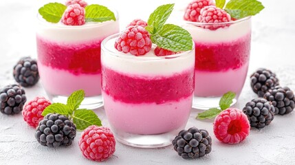 Raspberry and blackberry dessert in glasses, close-up. Food photography for recipe blogs or cookbooks