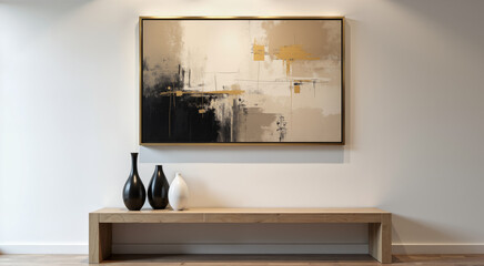 Modern interior design with abstract painting. The painting is placed above a wooden console table with decorative vases.